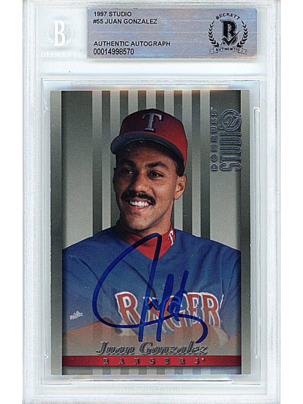 Juan Gonzalez Signed 1997 Donruss Studio #55 Texas Rangers Beckett BAS Slab Auto